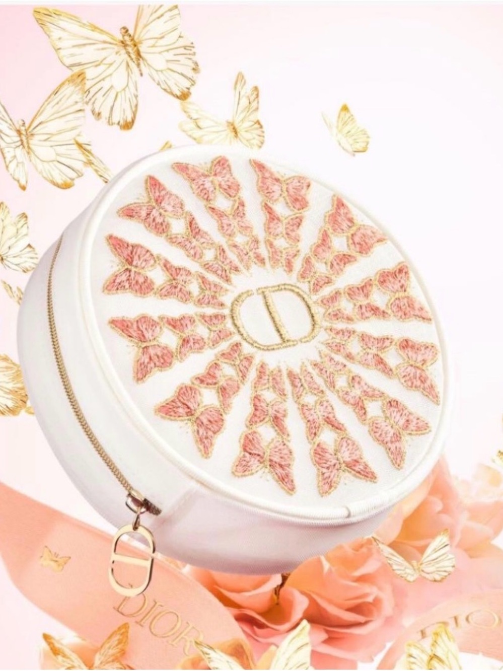 Dior Round Pink & Gold Embroidered Butterfly Pouch - Picture 2 of 5